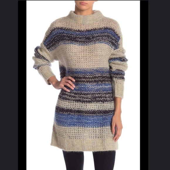 $298 NWT BCBGMAXAZRIA Sz2XS STRIPED OVERSIZED MOHAIR TUNIC SWEATER CERULEAN - Picture 6 of 11
